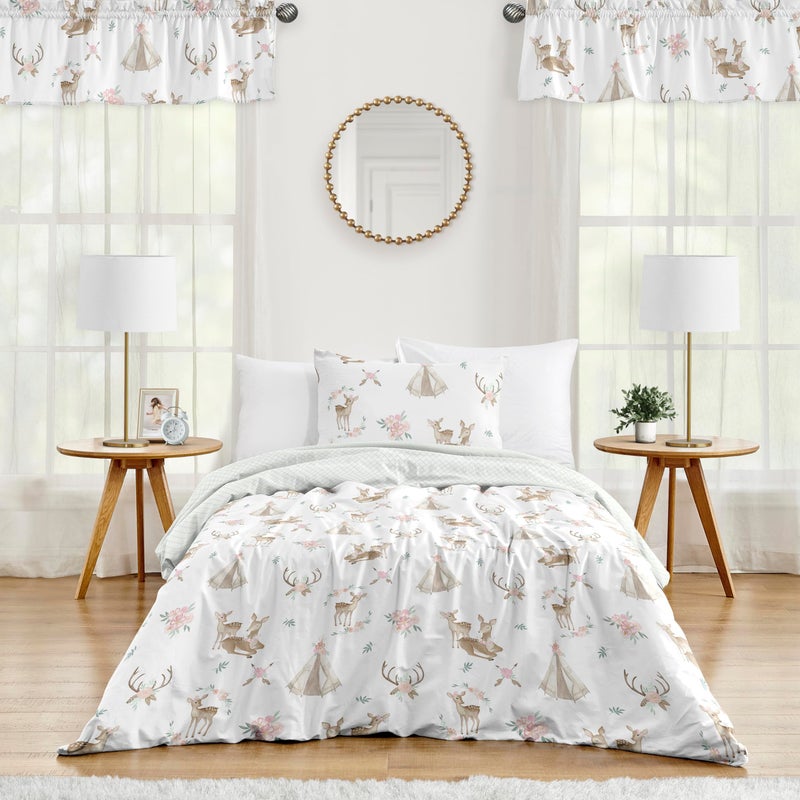 Sweet Jojo Designs Sweet Jojo Designs 2Piece Twin Comforter Set Woodland Deer Floral for Girls Children Kids Bedding Bed in a Bag incl Blanket  Pillow Sham Boho Watercolor Bohemian Shabby Chic Pink  Green 