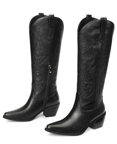 Pasuot Western Cowboy Boots for Women - Black Knee High Wide Calf Cowgirl Boots with Western Embroidered, Slip On Pointed Toe Chunky Heel Fashion Retro Classic Pull On Tall Boot for Ladies Size 7.5 - Image 5