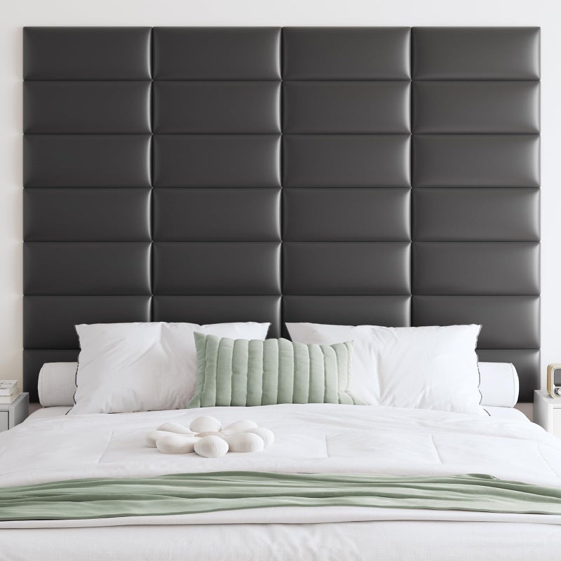 IFNOW Wall Mounted Upholstered Headboard King, 12 Panels 3D Peel and Stick Soundproof Wall Panels, Reusable and Removable Padded Headboard Leather Bed Headboard, 9.84" x 23.62", Black - Image 1