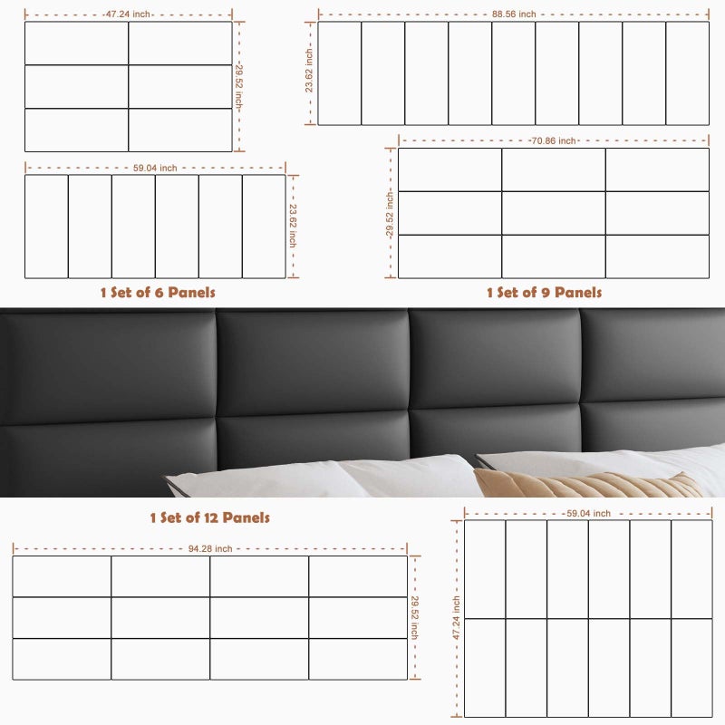 IFNOW Wall Mounted Upholstered Headboard King, 12 Panels 3D Peel and Stick Soundproof Wall Panels, Reusable and Removable Padded Headboard Leather Bed Headboard, 9.84" x 23.62", Black - Image 2