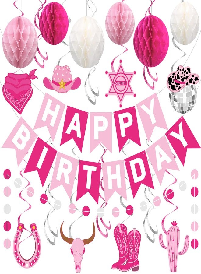 Maniaacer Cowgirl Birthday Party Decorations Pink White Happy Birthday Banner with Honeycomb Balls Pre-strung Disco Ball Western Hat Boot Hanging Swirls Circle Dots Garland for Women Girls Disco Party Decor - Image 1
