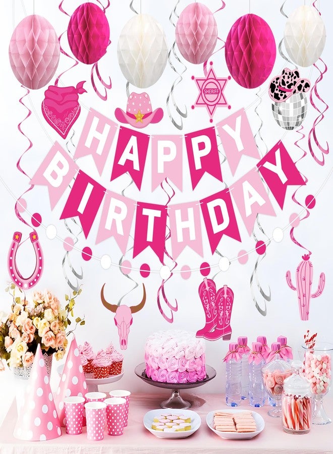 Maniaacer Cowgirl Birthday Party Decorations Pink White Happy Birthday Banner with Honeycomb Balls Pre-strung Disco Ball Western Hat Boot Hanging Swirls Circle Dots Garland for Women Girls Disco Party Decor - Image 5