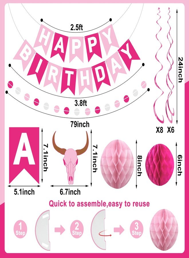 Maniaacer Cowgirl Birthday Party Decorations Pink White Happy Birthday Banner with Honeycomb Balls Pre-strung Disco Ball Western Hat Boot Hanging Swirls Circle Dots Garland for Women Girls Disco Party Decor - Image 2