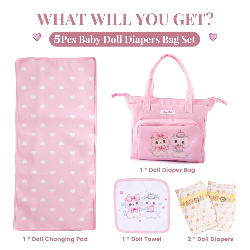 BABESIDE 5 Pcs Baby Doll Diaper Bag Set, Cute Cat Patterns Baby Doll Accessories with Pink Dolls Diaper Bag Changing Pad and Dolls Towel, Pretend Play Toys for Girls - Image 4