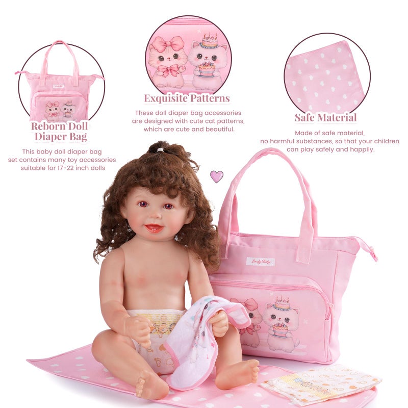 BABESIDE 5 Pcs Baby Doll Diaper Bag Set, Cute Cat Patterns Baby Doll Accessories with Pink Dolls Diaper Bag Changing Pad and Dolls Towel, Pretend Play Toys for Girls - Image 3