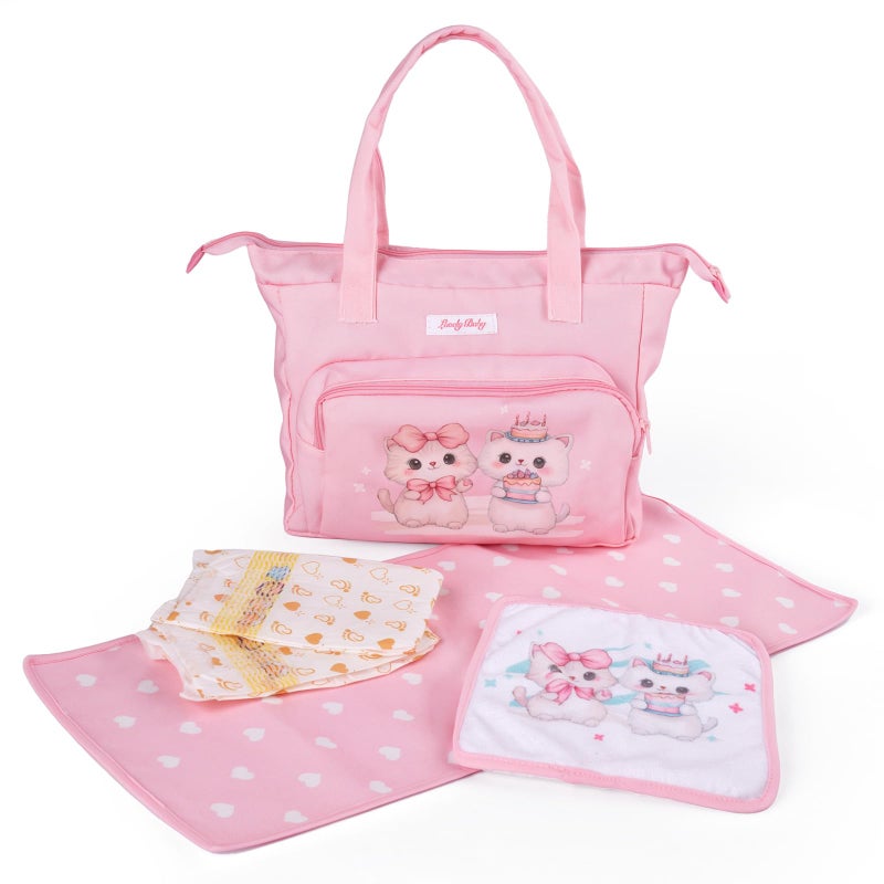 BABESIDE 5 Pcs Baby Doll Diaper Bag Set, Cute Cat Patterns Baby Doll Accessories with Pink Dolls Diaper Bag Changing Pad and Dolls Towel, Pretend Play Toys for Girls - Image 1