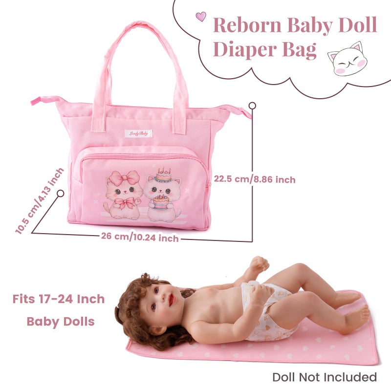 BABESIDE 5 Pcs Baby Doll Diaper Bag Set, Cute Cat Patterns Baby Doll Accessories with Pink Dolls Diaper Bag Changing Pad and Dolls Towel, Pretend Play Toys for Girls - Image 2