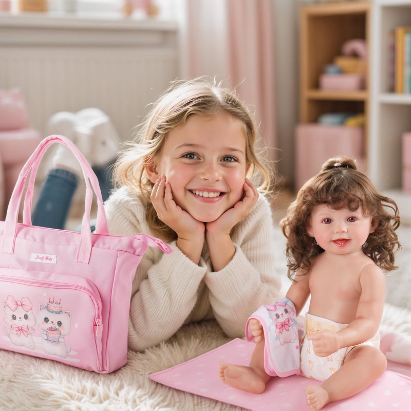 BABESIDE 5 Pcs Baby Doll Diaper Bag Set, Cute Cat Patterns Baby Doll Accessories with Pink Dolls Diaper Bag Changing Pad and Dolls Towel, Pretend Play Toys for Girls - Image 5