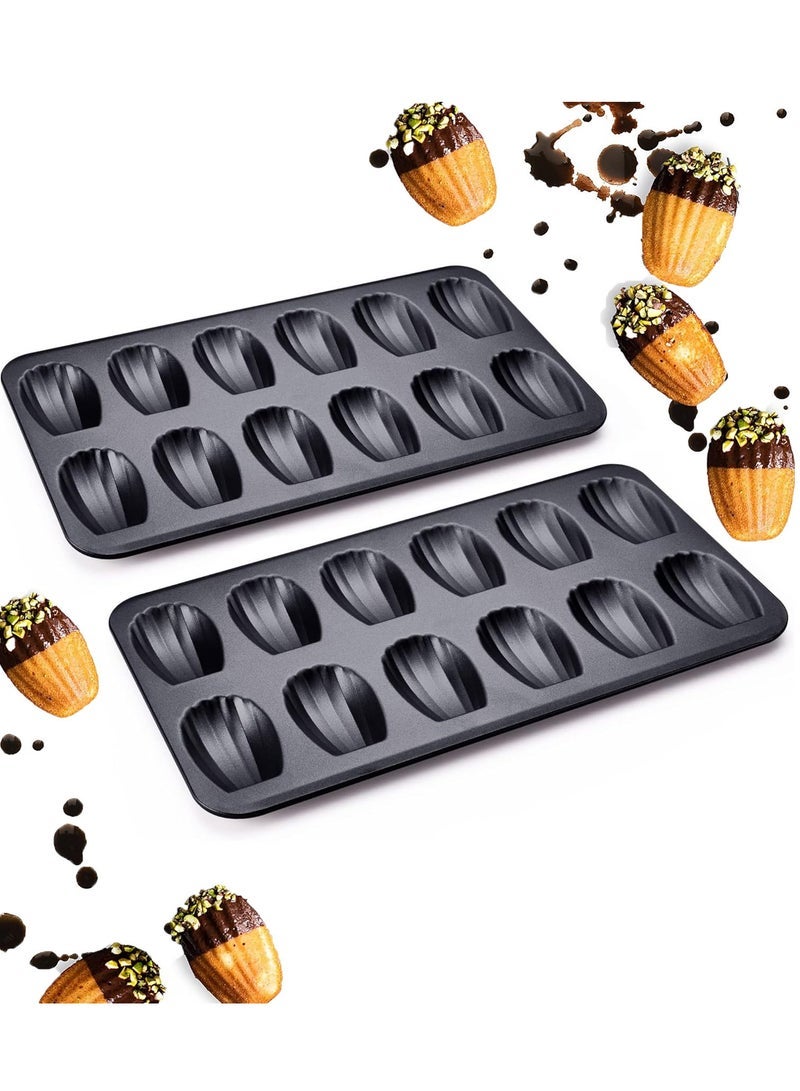 2 PCS Madeleine Mold Cake Pan, 12-Cavity Shell Shape Madeline Bakeware, Nonstick Madeleine Mold Cake Pan for Oven Baking, Black - Image 1