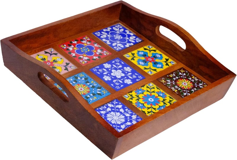 Craft Trade صينية تقديم مصنوعة من خشب المانجو مع مقبض و 9 بلاطات سيراميك مزخرفة مناسبة للإفطار والشاي والقهوة والوجبات الخفيفة والعشاء 30x30x8 سم مربع - Image 2