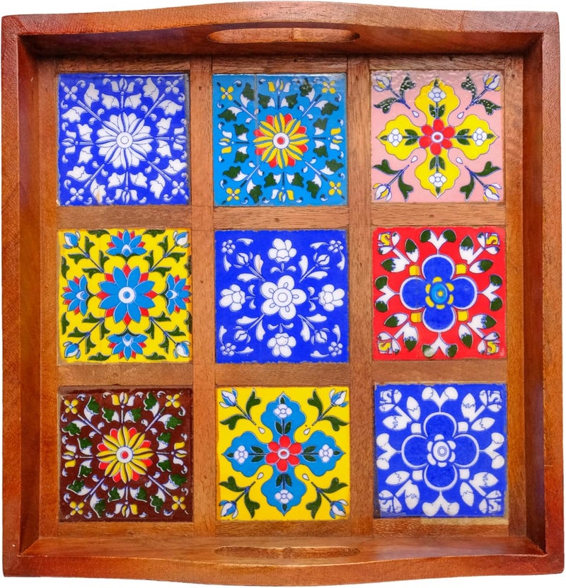 Craft Trade صينية تقديم مصنوعة من خشب المانجو مع مقبض و 9 بلاطات سيراميك مزخرفة مناسبة للإفطار والشاي والقهوة والوجبات الخفيفة والعشاء 30x30x8 سم مربع - Image 3