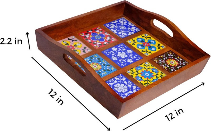 Craft Trade صينية تقديم مصنوعة من خشب المانجو مع مقبض و 9 بلاطات سيراميك مزخرفة مناسبة للإفطار والشاي والقهوة والوجبات الخفيفة والعشاء 30x30x8 سم مربع - Image 4