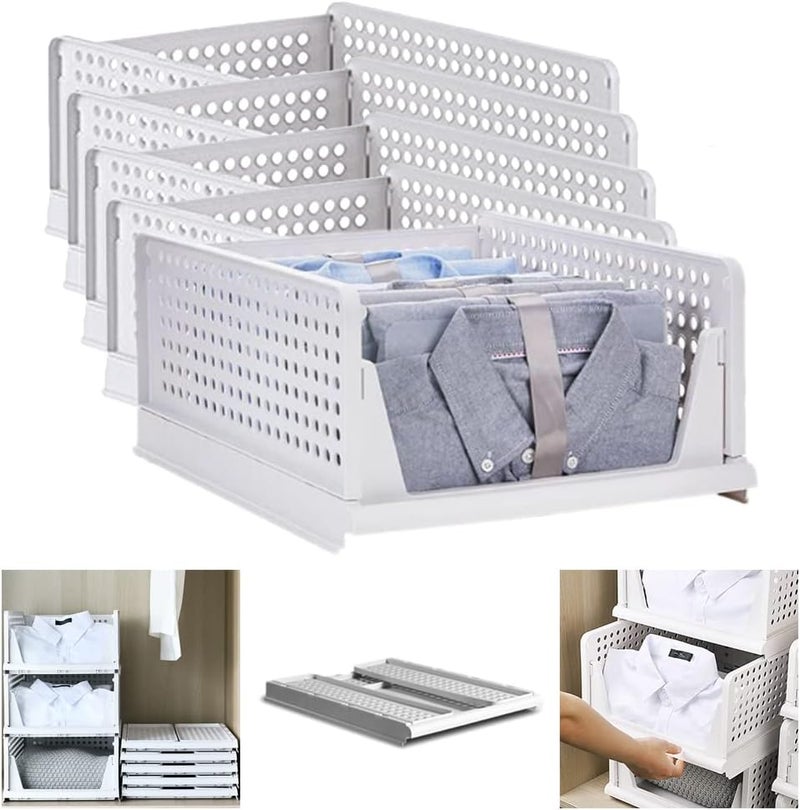 NEEMAY Stackable Clothes Plastic Storage Basket-Foldable Closet Organizer Shelf Cloth Holder-Drawer Rack Storage Containers Underwear Storage Bin for Wardrobe Cupboard Kitchen Bathroom Large White*5 - Image 1