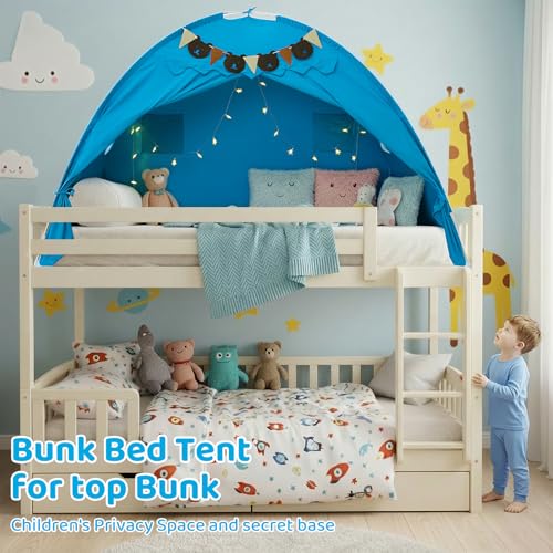 YEERSWAG Twin Bed Tent for Kids, Bed Tent Canopy Sleeping Tent Privacy Space Dream Playhouse with Stars Light & Flags, Toddler Indoor Floor Play Tent for Boys & Girls, Birthday Children‘s Gift, Blue - Image 2