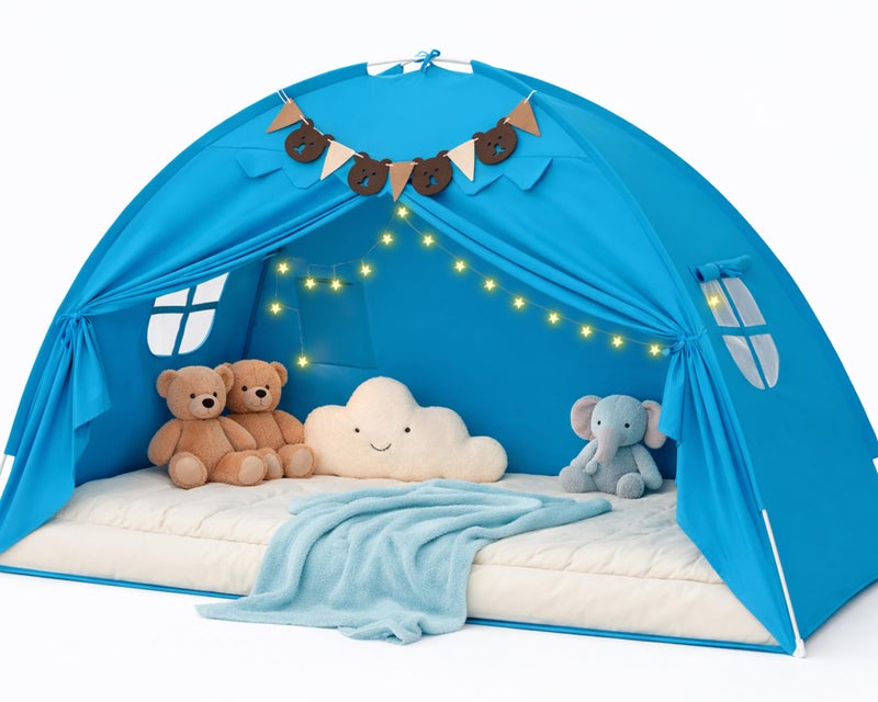 YEERSWAG Twin Bed Tent for Kids, Bed Tent Canopy Sleeping Tent Privacy Space Dream Playhouse with Stars Light & Flags, Toddler Indoor Floor Play Tent for Boys & Girls, Birthday Children‘s Gift, Blue - Image 1