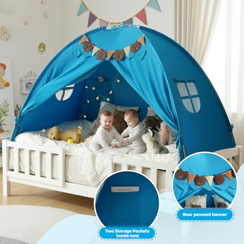 YEERSWAG Twin Bed Tent for Kids, Bed Tent Canopy Sleeping Tent Privacy Space Dream Playhouse with Stars Light & Flags, Toddler Indoor Floor Play Tent for Boys & Girls, Birthday Children‘s Gift, Blue - Image 4