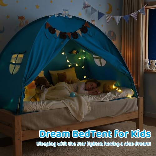 YEERSWAG Twin Bed Tent for Kids, Bed Tent Canopy Sleeping Tent Privacy Space Dream Playhouse with Stars Light & Flags, Toddler Indoor Floor Play Tent for Boys & Girls, Birthday Children‘s Gift, Blue - Image 5