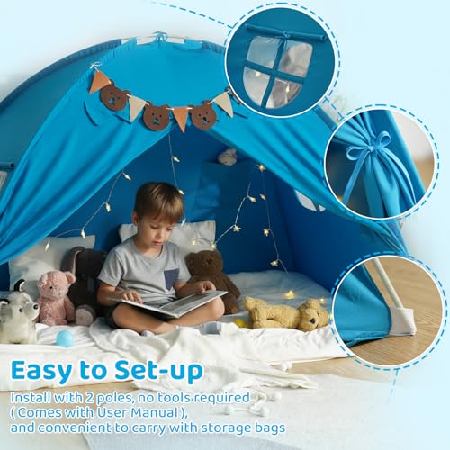 YEERSWAG Twin Bed Tent for Kids, Bed Tent Canopy Sleeping Tent Privacy Space Dream Playhouse with Stars Light & Flags, Toddler Indoor Floor Play Tent for Boys & Girls, Birthday Children‘s Gift, Blue - Image 3