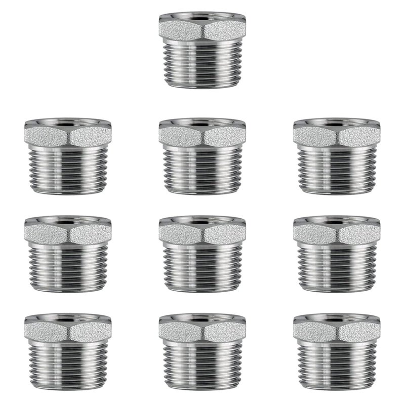 Fitvell Stainless Steel 12 Male NPT to 38 Female NPT Reducer Hex Bushing Pipe Fitting Adapter pack of 10 - Image 2