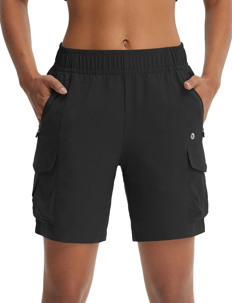 baleaf Womens 7 Hiking Shorts with Zipper Pockets Quick Dry Lightweight Water Resistant Elastic Waist Cargo Shorts Outdoor Black XL - Image 2