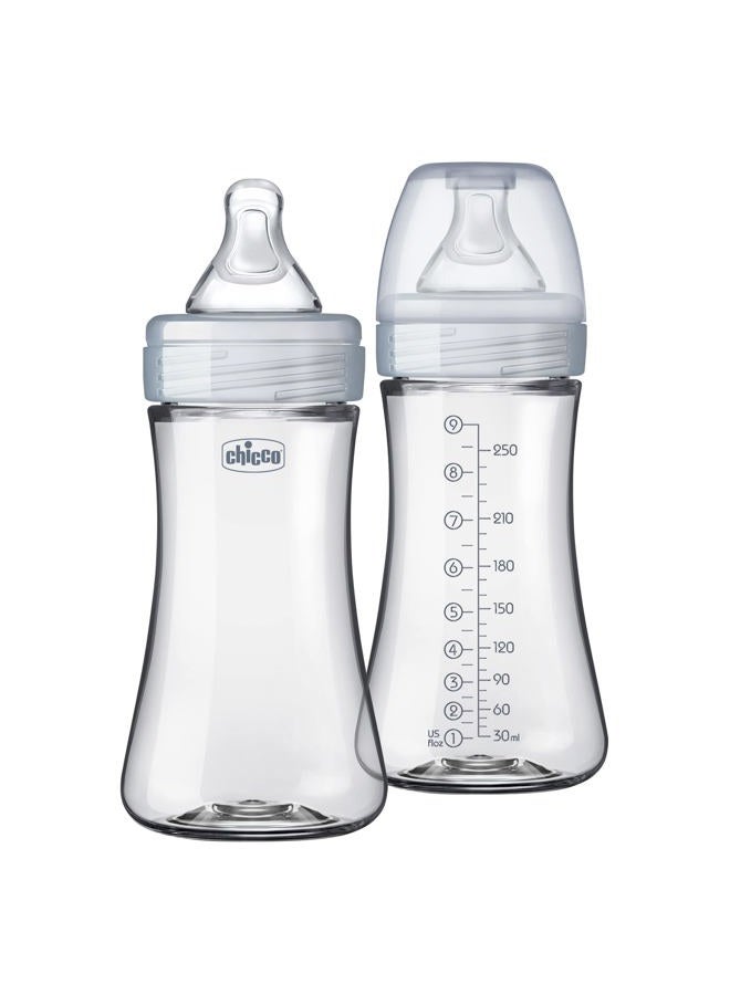 Chicco Duo 9oz. Hybrid Baby Bottle with Invinci-Glass Inside/Plastic Outside 2 Count (Pack of 1) with Slow Flow Anti-Colic - Clear/Grey - Image 1