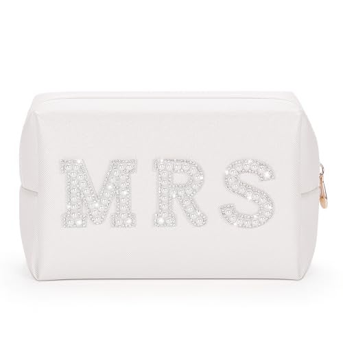 Etercycle MRS Letter Cosmetic Bag, Bridal Shower Gifts Small PU Waterproof Makeup Bag, Bling Pearl Rhinestone Patches Travel Organizer for Engagement Bachelorette Party (Silver) - Image 1