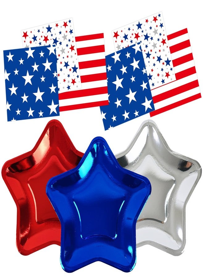 HFBOBP 60Pcs 4th of July Plates and Napkins Patriotic Decorations, 9.5inch Disposable Red White Blue Star Paper Dessert Plates American Flag Luncheon Cocktail Napkins Party Supplies for 250th Anniversary - Image 1