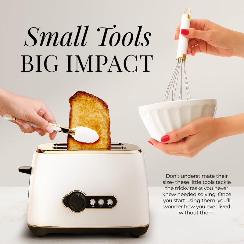 styled settings White & Gold Cooking Utensils Set - Luxe 8-Piece Kitchen Gadget Set Includes Can Opener, Tongs and Garlic Press - Stylish White and Gold Kitchen Accessories for Modern Kitchens, Ideal for Gifting - Image 3