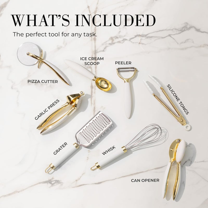 styled settings White & Gold Cooking Utensils Set - Luxe 8-Piece Kitchen Gadget Set Includes Can Opener, Tongs and Garlic Press - Stylish White and Gold Kitchen Accessories for Modern Kitchens, Ideal for Gifting - Image 2