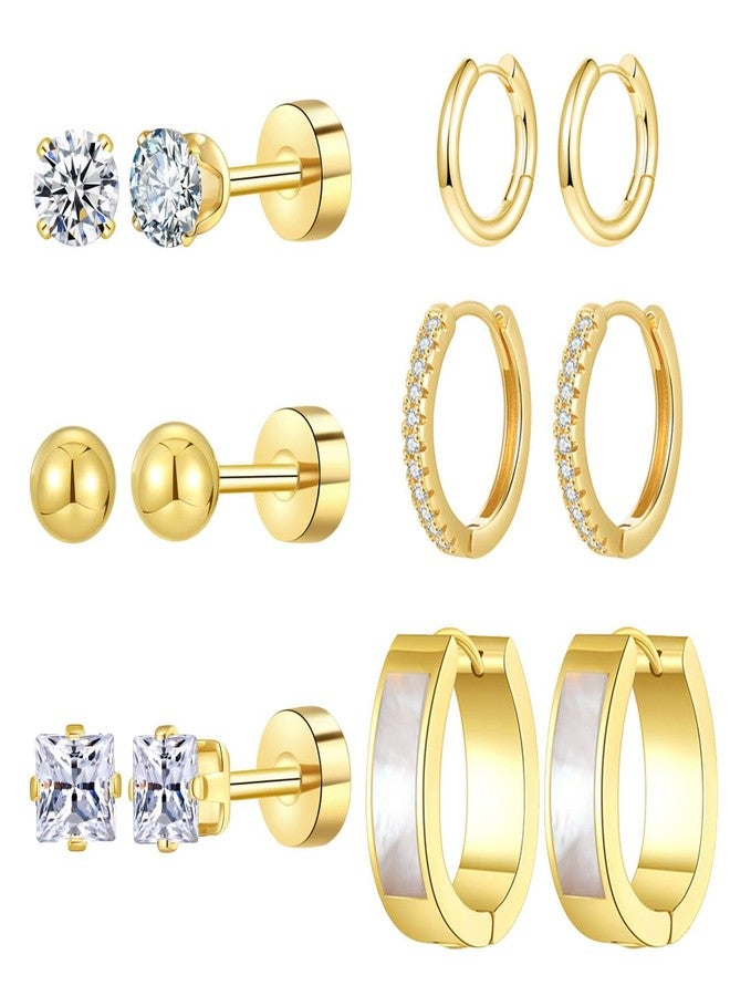 Cuicanstar 6 Pairs Stainless Steel 14K Gold Plated Flatback Stud Hoop Earrings for Women Hypoallergenic Small Huggie Cartilage Earring Set Lightweight Shell Water drop Hoops CZ Flat Back Studs for Multiple Piercing - Image 1