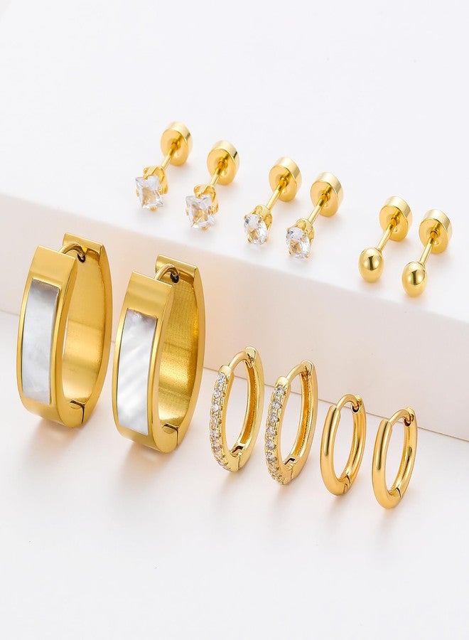 Cuicanstar 6 Pairs Stainless Steel 14K Gold Plated Flatback Stud Hoop Earrings for Women Hypoallergenic Small Huggie Cartilage Earring Set Lightweight Shell Water drop Hoops CZ Flat Back Studs for Multiple Piercing - Image 4