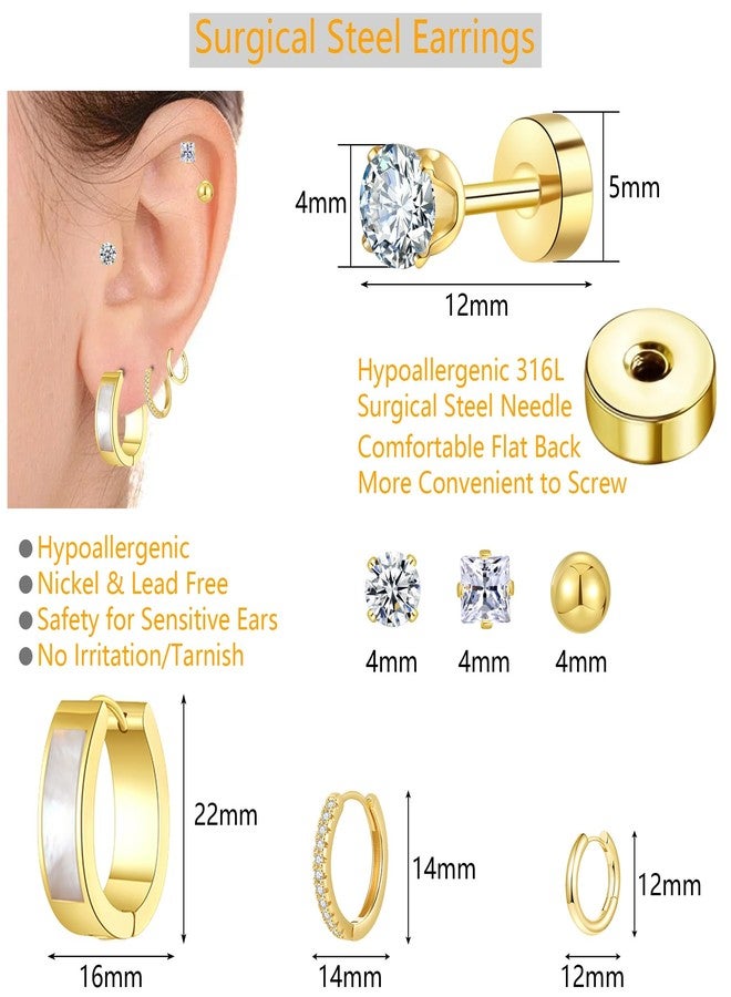 Cuicanstar 6 Pairs Stainless Steel 14K Gold Plated Flatback Stud Hoop Earrings for Women Hypoallergenic Small Huggie Cartilage Earring Set Lightweight Shell Water drop Hoops CZ Flat Back Studs for Multiple Piercing - Image 3