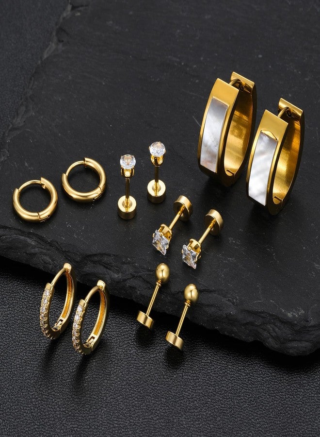 Cuicanstar 6 Pairs Stainless Steel 14K Gold Plated Flatback Stud Hoop Earrings for Women Hypoallergenic Small Huggie Cartilage Earring Set Lightweight Shell Water drop Hoops CZ Flat Back Studs for Multiple Piercing - Image 5