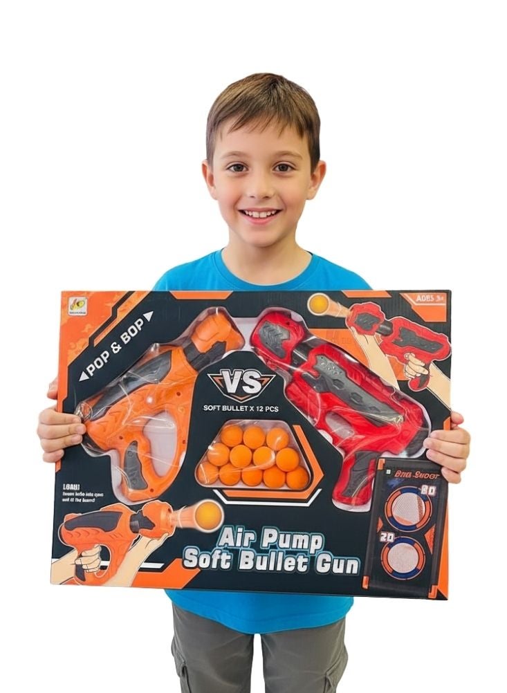 VS Air Pump Soft Bullet Gun Set in Red & Orange – Dual Toy Blasters with Foam Balls & Target Board for Kids - Image 2