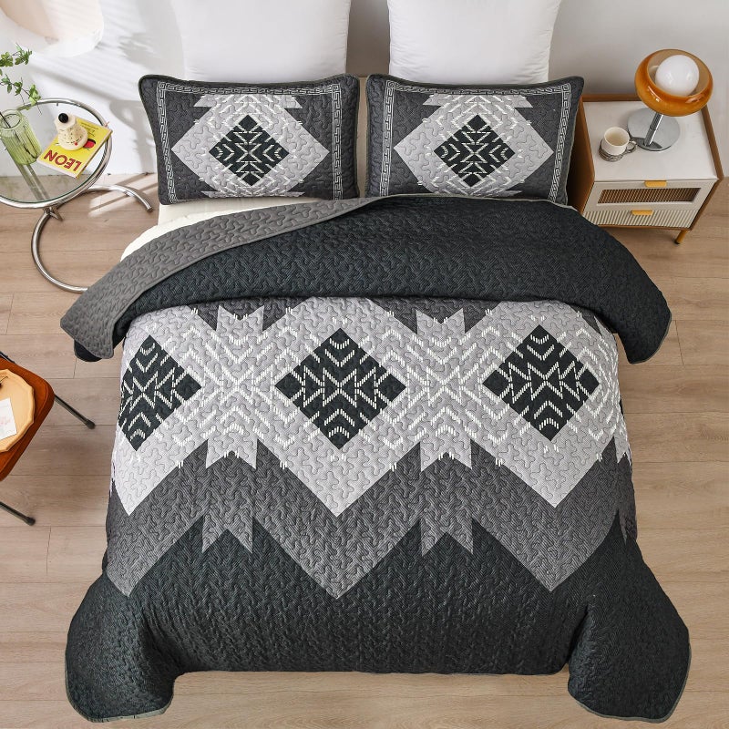 Dintszyayue Boho Quilt Set King Size 3 Pieces Black Grey Aztec Texture Bedspread Coverlet Set Bohemian Quilt Bedding Set Microfiber Lightweight Bed Cover for All Seasons 90"Ã—103" - Image 2