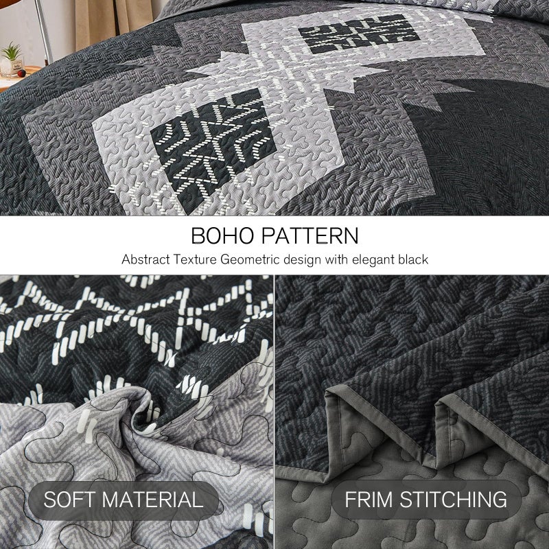 Dintszyayue Boho Quilt Set King Size 3 Pieces Black Grey Aztec Texture Bedspread Coverlet Set Bohemian Quilt Bedding Set Microfiber Lightweight Bed Cover for All Seasons 90"Ã—103" - Image 4