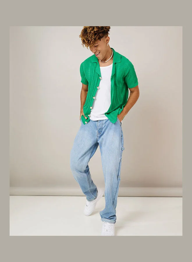 Styli Pattern Knit Shirt with Big Button Detail