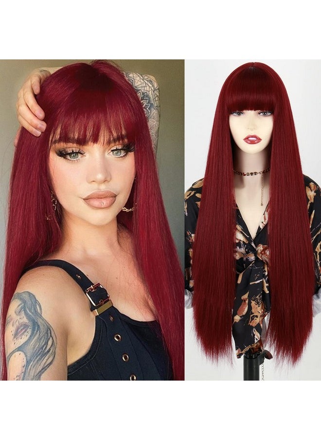 MISSQUEEN - Long Red Wig With Bangsstraight Dark Red Wigs For Womenwine Red Long Straight Heat Resistant Synthetic Wig For Fashion Women - Image 1