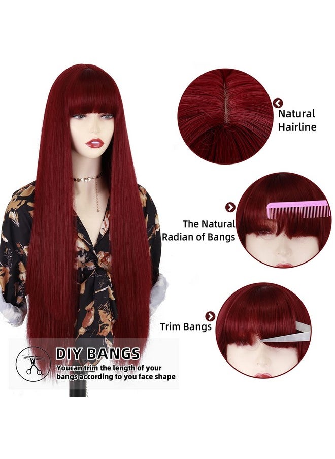 MISSQUEEN - Long Red Wig With Bangsstraight Dark Red Wigs For Womenwine Red Long Straight Heat Resistant Synthetic Wig For Fashion Women - Image 1