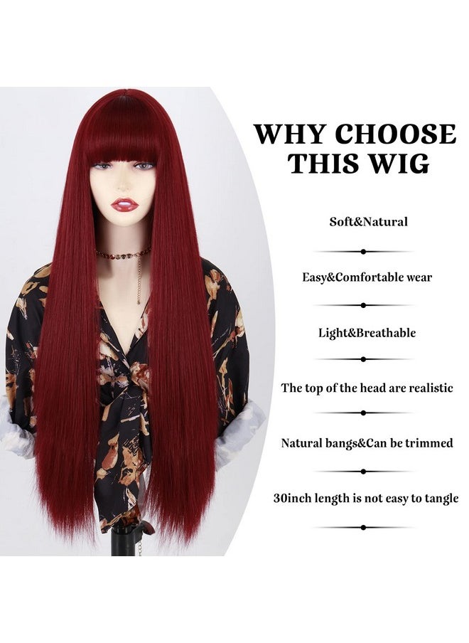 MISSQUEEN - Long Red Wig With Bangsstraight Dark Red Wigs For Womenwine Red Long Straight Heat Resistant Synthetic Wig For Fashion Women - Image 1