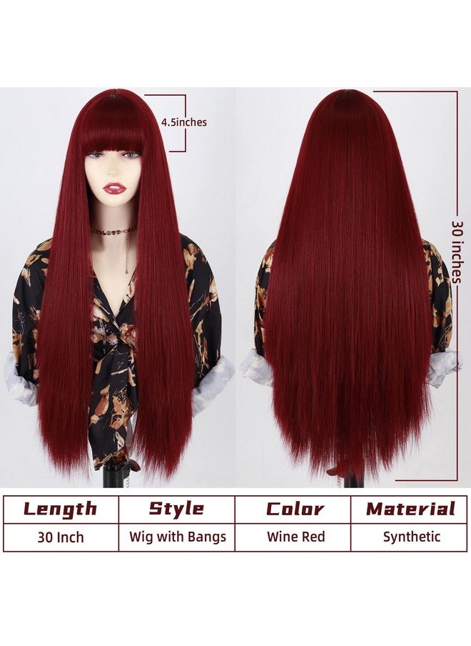 MISSQUEEN - Long Red Wig With Bangsstraight Dark Red Wigs For Womenwine Red Long Straight Heat Resistant Synthetic Wig For Fashion Women - Image 1