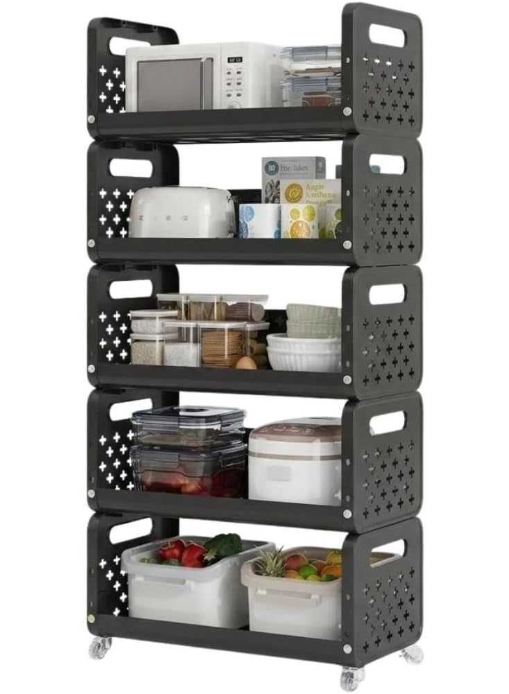 DmarQa Kitchen Storage Rack with Lockable Wheels, Plastic Organiser, Space-Saving, for Fruits, Snacks, Appliances, Kitchen, Pantry, Laundry, or Office  (5 TIER) - Image 1