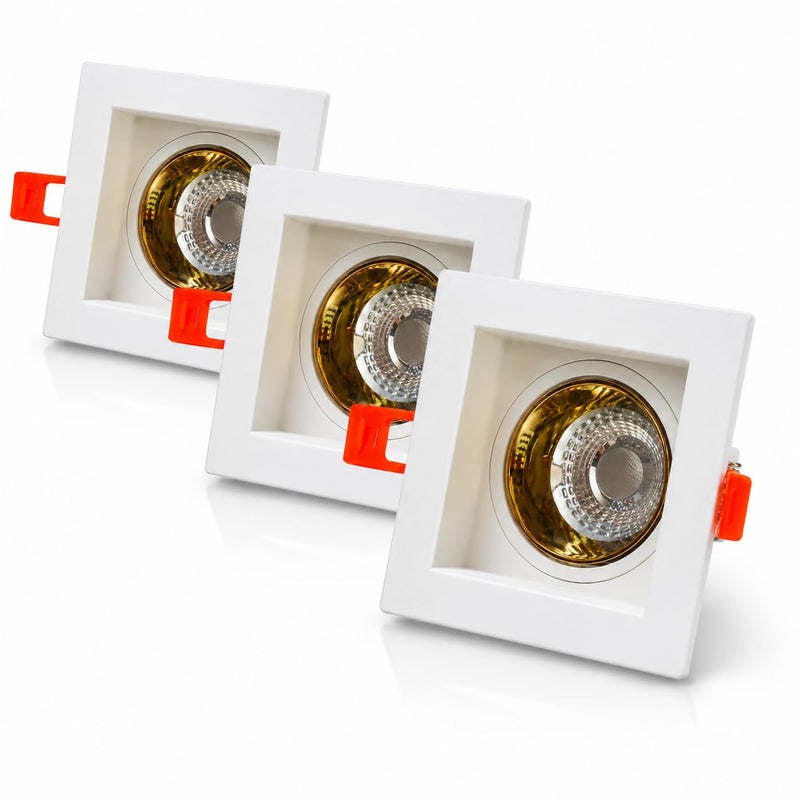 Square Recessed Spotlight Frame, White & Gold Anti-Glare Ceiling Spot Light Holder, Hammer Design for Indoor Lighting, Pack of 3 - Image 1