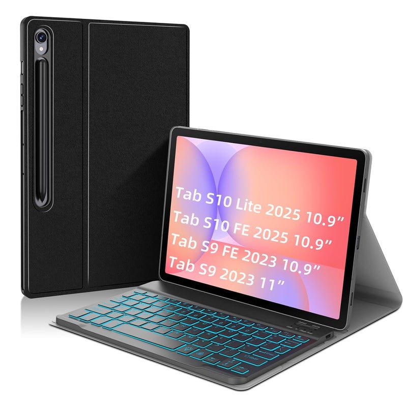 JUQITECH Slim Soft Backlit Keyboard Case for Samsung Galaxy Tab S9 FE 5G 10.9" & 11" with Multi-Angle Stand, S Pen Holder & Support - Image 1