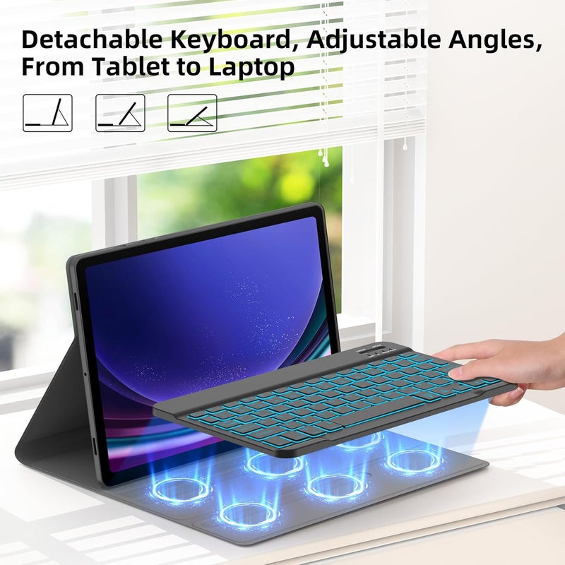 JUQITECH Slim Soft Backlit Keyboard Case for Samsung Galaxy Tab S9 FE 5G 10.9" & 11" with Multi-Angle Stand, S Pen Holder & Support - Image 3