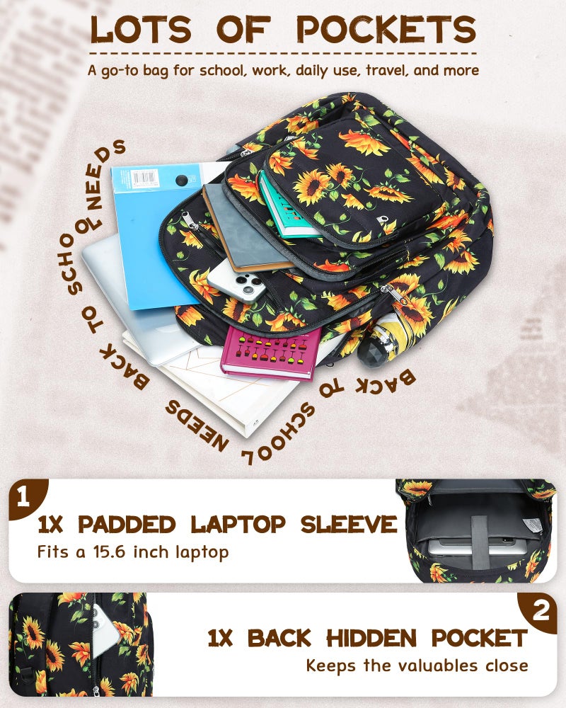 FOKDUVB Backpack for Middle High School Teen Boys Girls Large College Bookbag with Laptop Compartment Back to School Book Bags Mochilas Escolares para NiÃ±os NiÃ±as Adolescentes (Yellow/Black, Floral) - Image 3