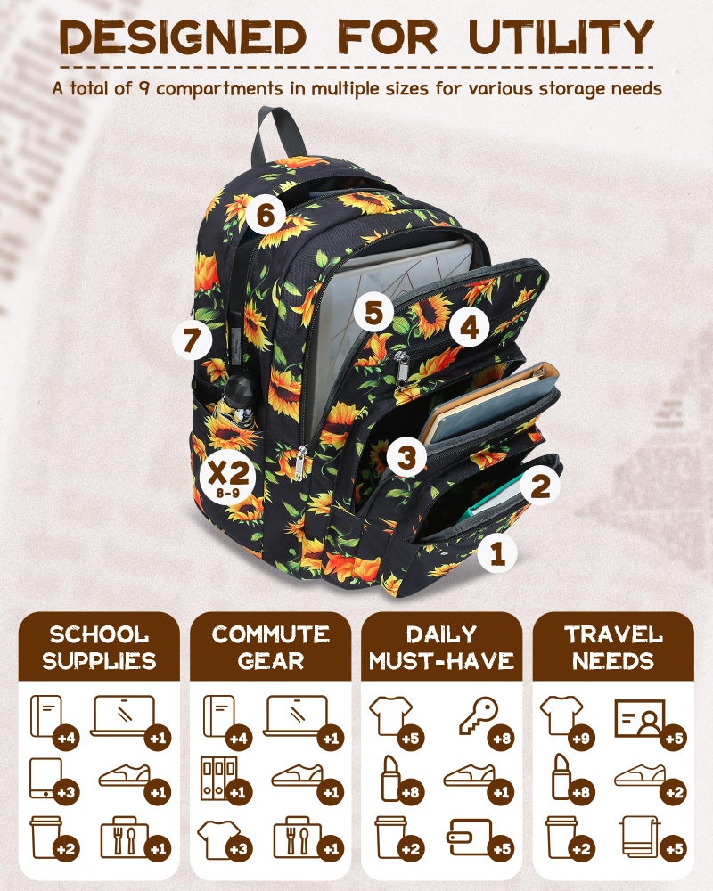FOKDUVB Backpack for Middle High School Teen Boys Girls Large College Bookbag with Laptop Compartment Back to School Book Bags Mochilas Escolares para NiÃ±os NiÃ±as Adolescentes (Yellow/Black, Floral) - Image 4