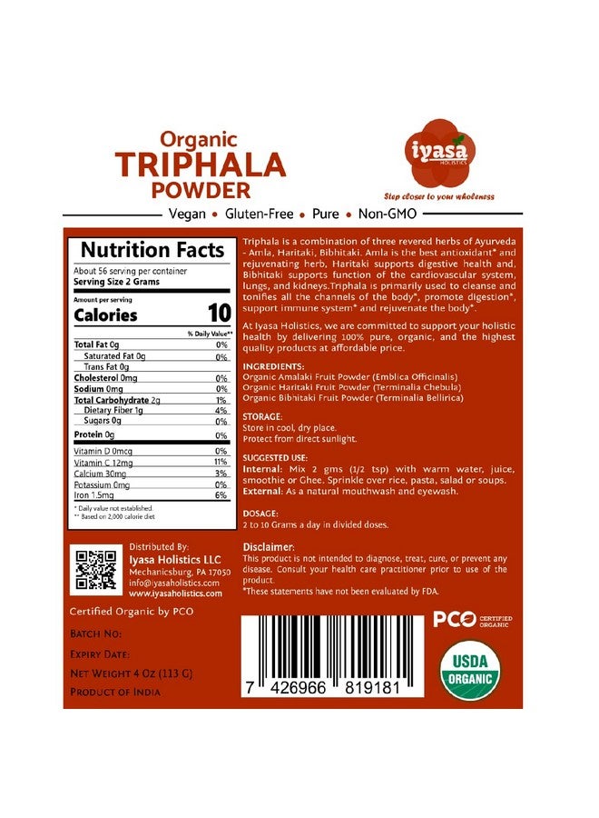 Iyasa Holistics مسحوق تريفالا العضوي من إياسا هوليستكس، غذاء خارق من الأيورفيدا، تطهير طبيعي للجسم، منظف للأمعاء، ملين عشبي، 4 أونصات 113 جرام - Image 2