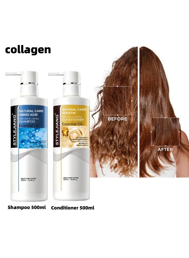 Natural Collagen Shampoo and Conditioner Set: Deeply Repairs and Relieves Frizz: Mild Shampoo 500ml + Conditioner 500ml - Image 1