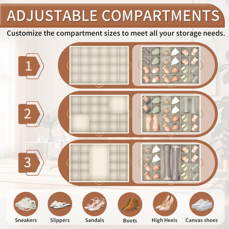 Foyego Shoe Organizer for Closet, Shoe Storage Organizer with Wheels and Adjustable Dividers, Stackable Shoe Storage Box with Clear Cover, Foldable Closet Shoe Organizer Fits up to 24-48 Pairs, Beige - Image 5